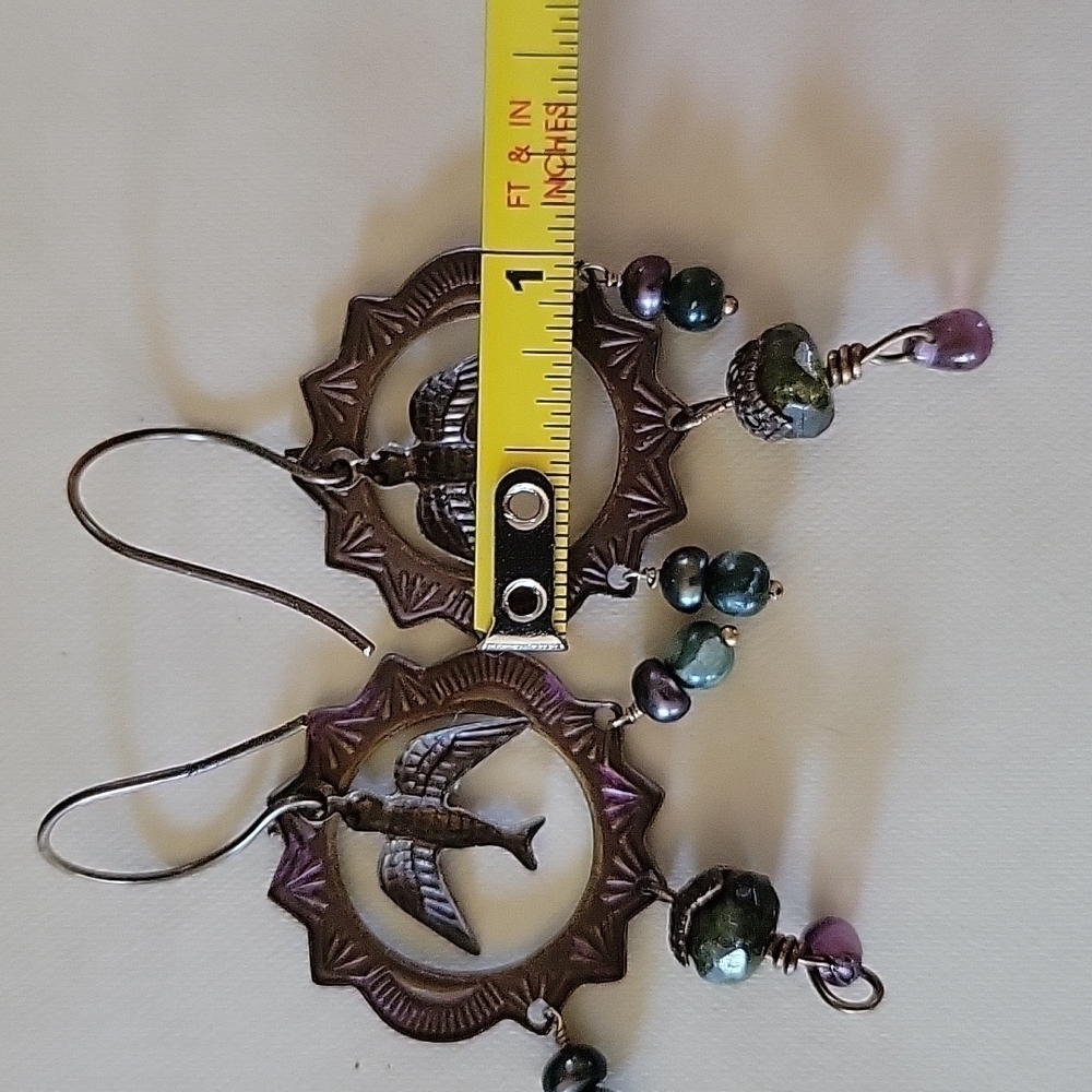 Flying into Light Bird Sunburst Ring Beaded Mini Chandelier Earrings - Picture 11 of 12